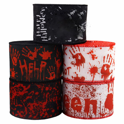 TMXAOK 5 Roll Halloween Wired Ribbon, 2.5 Inch Black White Skull Pattern Gift Wrapping Ribbons, Blood Handprint Decorative Ribbons for Crafts Bow Wreath Gift Wrapping Halloween Party Decor, 25 Yards
