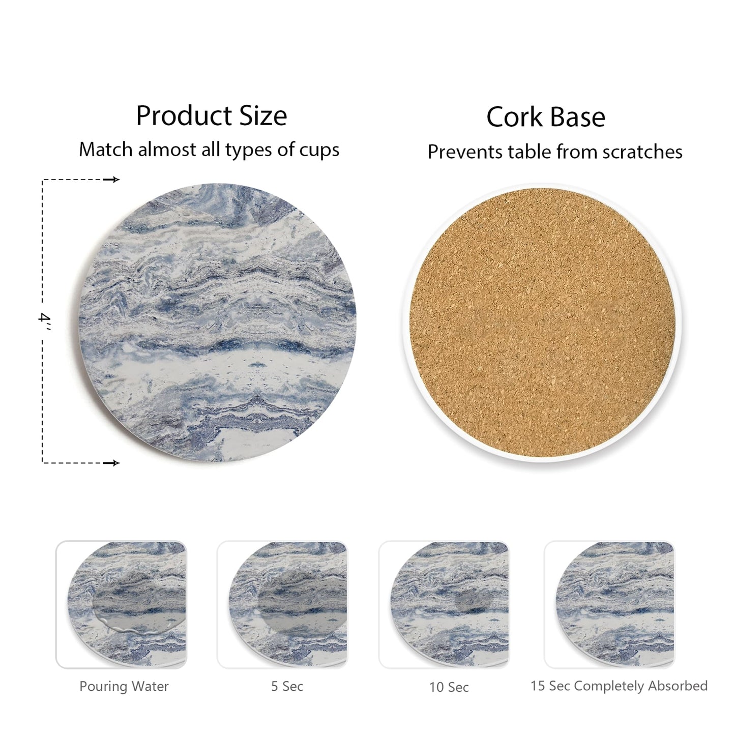 Hoomey Set of 6 Navy Abstract Onyx Marble Coasters with Holder, Absorbent Ceramic Coasters for Drinks, Coasters with Cork Backing for Table Protection, Coffee Table Decor