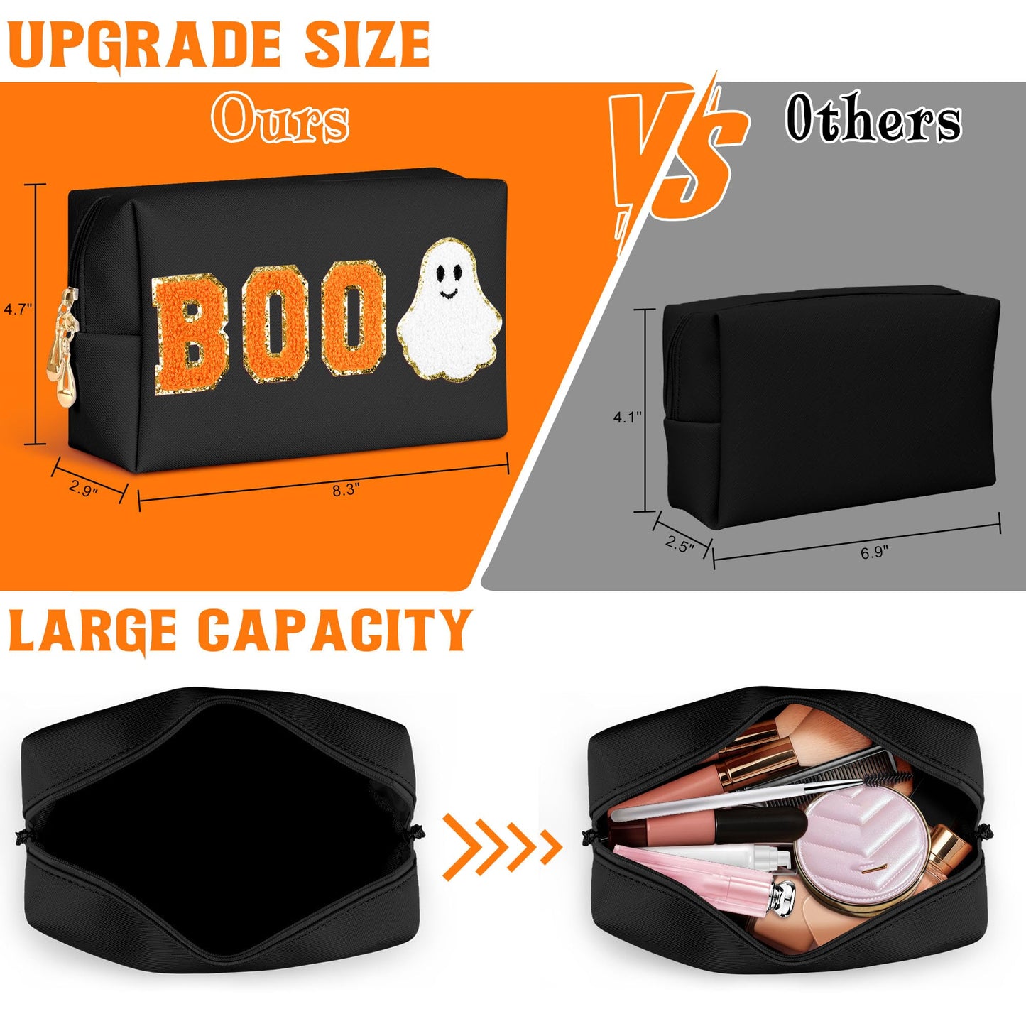 Dripkiaa Halloween Makeup Bag Chenille Patch Travel Cosmetic Bag Organizer Large Capacity Toiletry Bag Make Up Bags Cosmetic Pouch, Boo Basket Gifts for Women, Girls - Black
