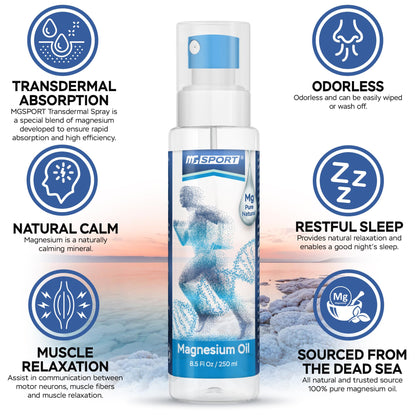 High Absorption Pure Magnesium Oil Spray – 250 ml – 100% Pure Magnesium Chloride from The Dead Sea, Without Preservatives – Supports Sleep, Muscle Recovery and Leg Cramps