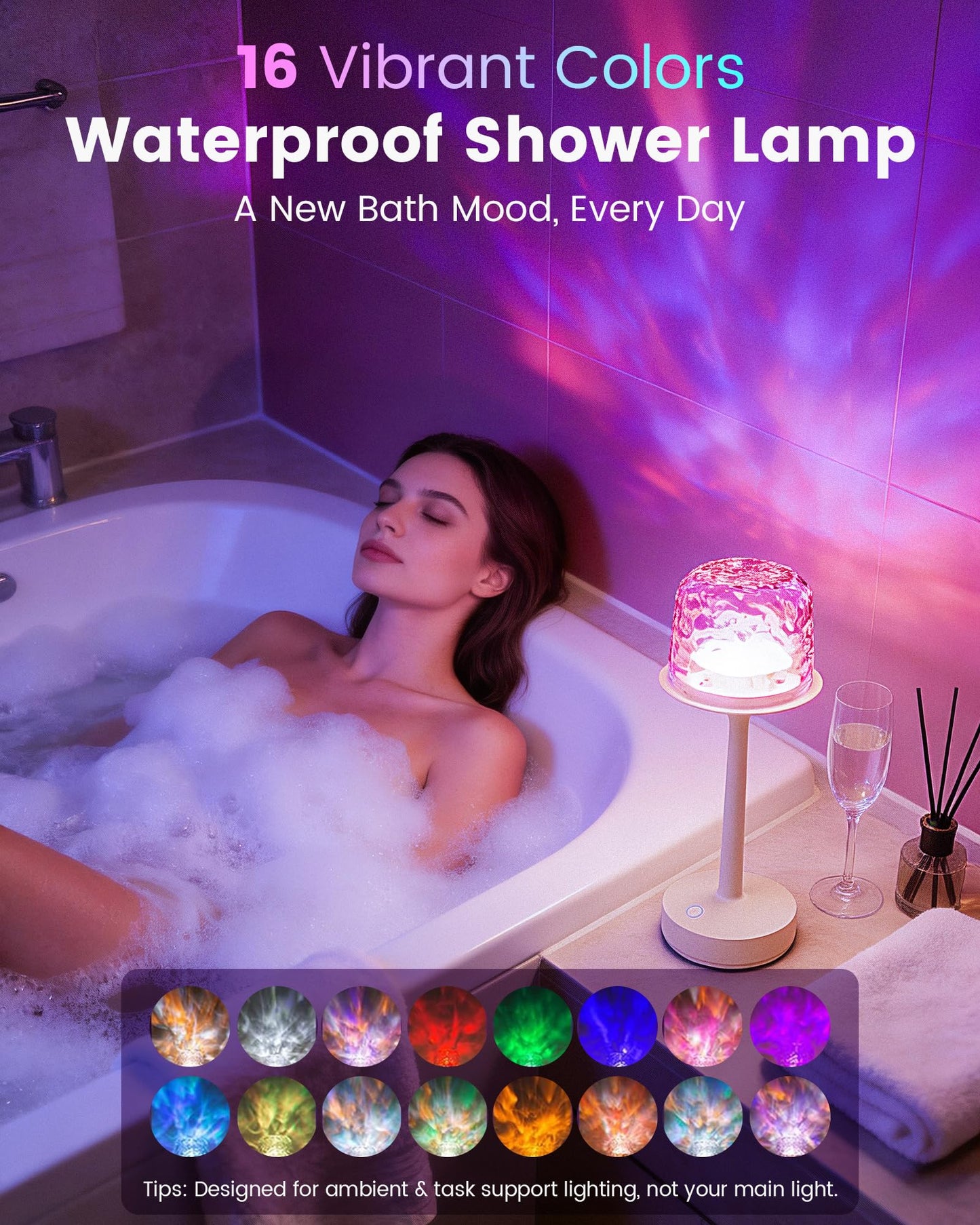 Waterproof Bathroom Shower Lamp with Ocean Wave Projector, 2-in-1 Table Night Light, 16 RGB Colors, 3 White Modes, 5000mAh Rechargeable USB-C Lamp with Touch & Remote for Spa Shower, Bedroom, Gifts