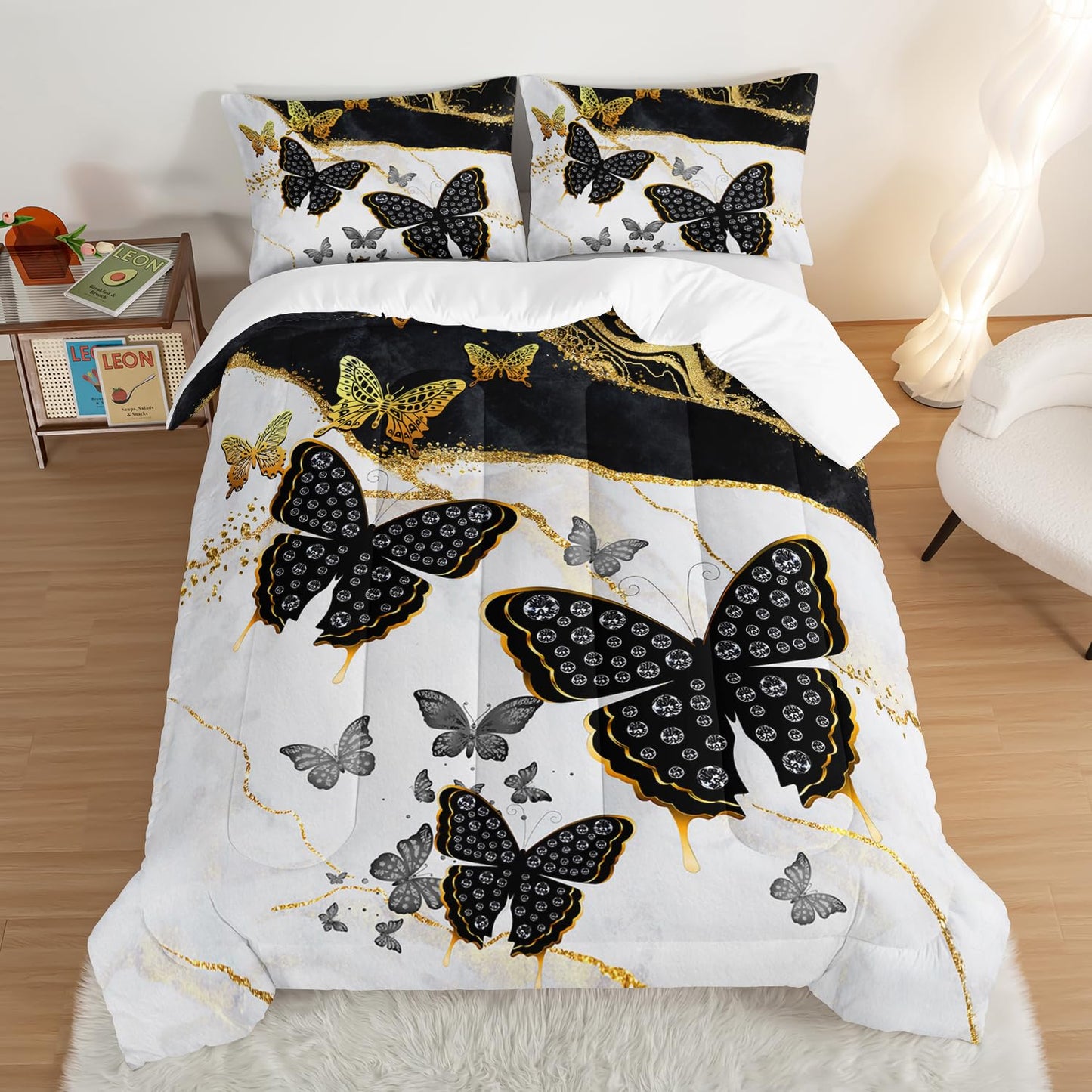 UEVBF Kids Bedding Twin Size Comforter Set,Black and Gold Butterfly Bedding Comforter Sets for Boys Girls Room Decor,Marble Texture Artistic Aesthetic Bedding Sets with 2 Pillowcases.