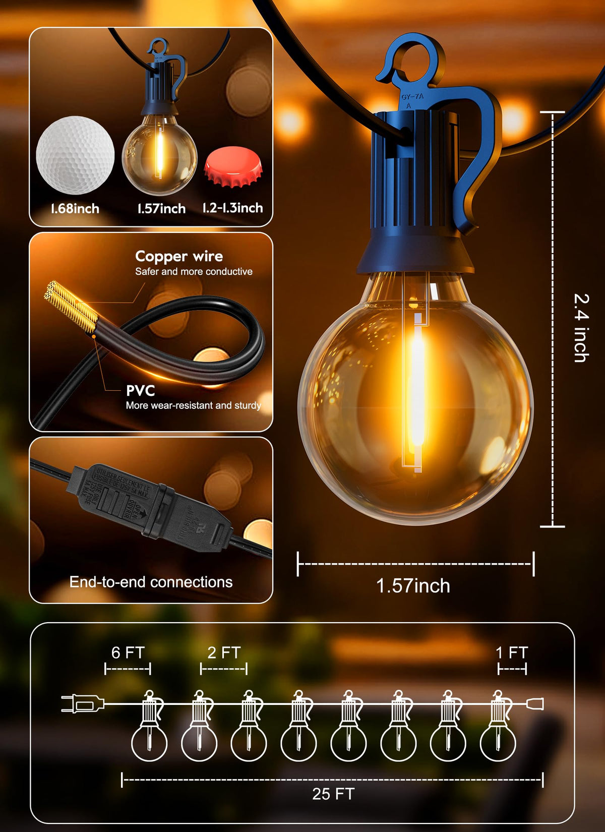 SmartDawn Outdoor String Lights, 25FT 12 LED Bulbs String Lights, IP65 Waterproof Connectable G40 Outside Patio Light for Backyard Porch Balcony Garden Decor Christmas Camping Gazebo