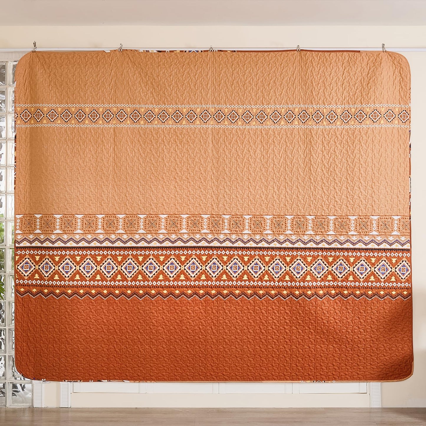 WONGS BEDDING 3 Pieces Quilt Set California King, Burnt Orange/Rust Thanksgiving Quilt Bedspread Bohemian Coverlet Set with 2 Pillowcase, Fall Soft Thanksgiving Bedding Set All Season 106"×96"