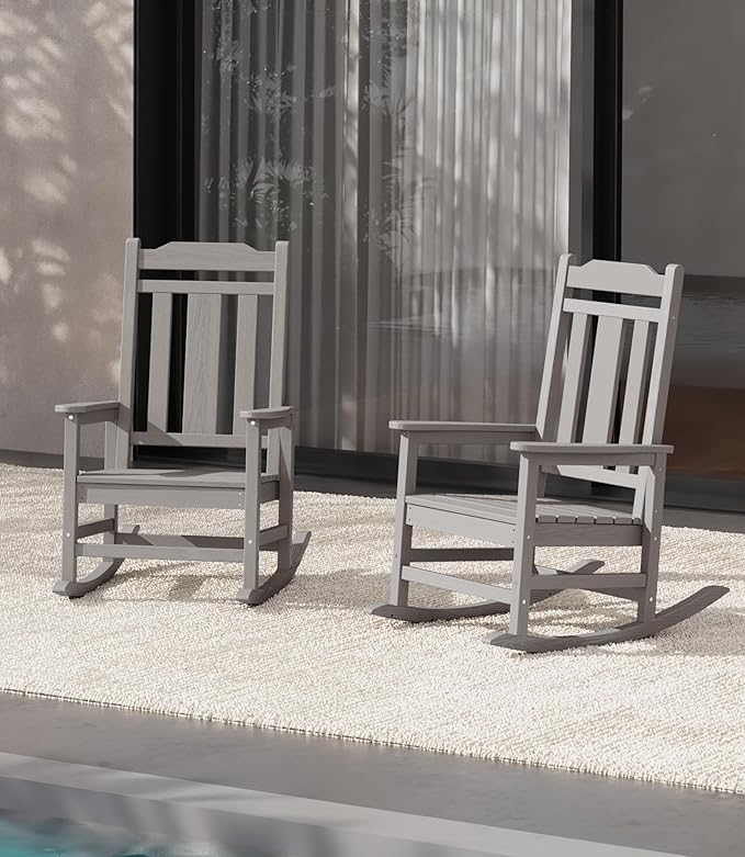 SERWALL Oversized Rocking Chair Set of 2 Outdoor, HDPE Outdoor Rocking Chair Set of 2, Space Gray