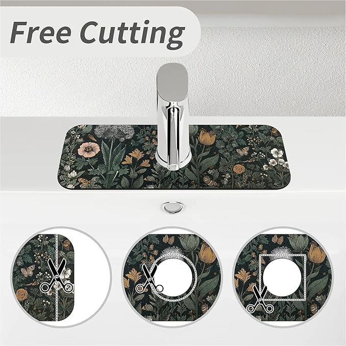 Kitchen Sink Splash Guard，Dark-green black flowers Faucet Mat Sink
