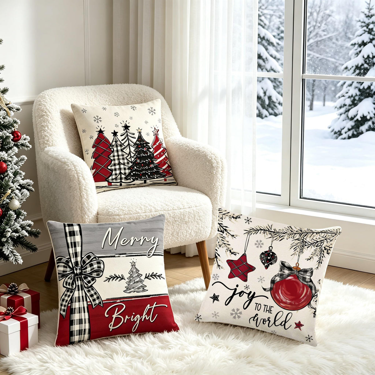Ni-JASW Red Grey Plaid Christmas Throw Pillow Covers 18x18 inch, Farmhouse Let it Snow Tree Balls Xmas Cushion Case for Sofa Couch Set of 4