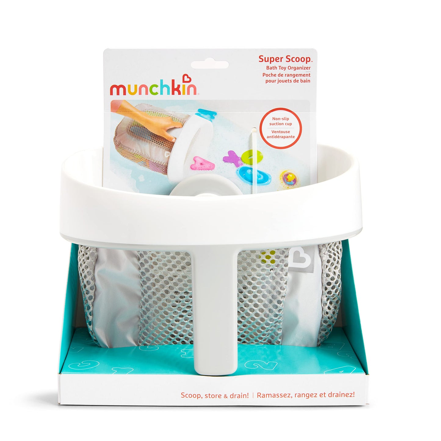 Munchkin Super Scoop Baby Bath Toy Storage Basket & Net | Removable Wall Hanging Bath Tidy | Baby Bath Caddy & Bath Organiser Rack | Shower Bath Toy Holder | Bathroom Toy Net with Suction Cup & Handle