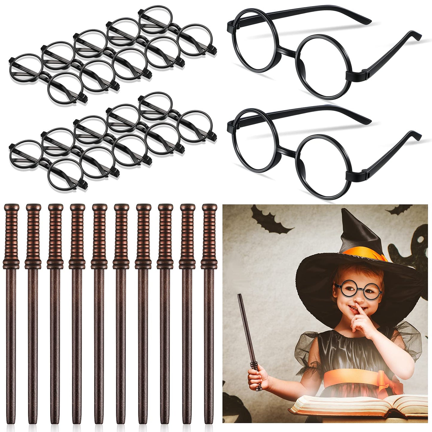 Outus Halloween Wizard Party Favors with 10 Pieces of Round Frame Wizard Glasses and 10 Pieces of Wand Pencils for Adult School Decor Theme Birthday Party Supplies