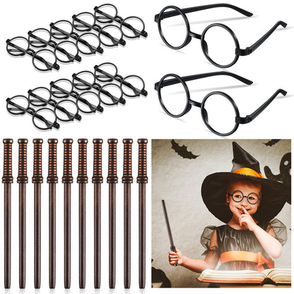 Outus Halloween Wizard Party Favors with 10 Pieces of Round Frame Wizard Glasses and 10 Pieces of Wand Pencils for Adult School Decor Theme Birthday Party Supplies