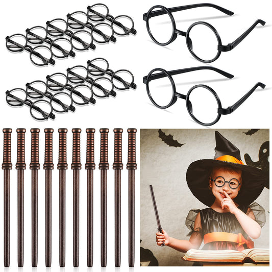Outus Halloween Wizard Party Favors with 10 Pieces of Round Frame Wizard Glasses and 10 Pieces of Wand Pencils for Adult School Decor Theme Birthday Party Supplies