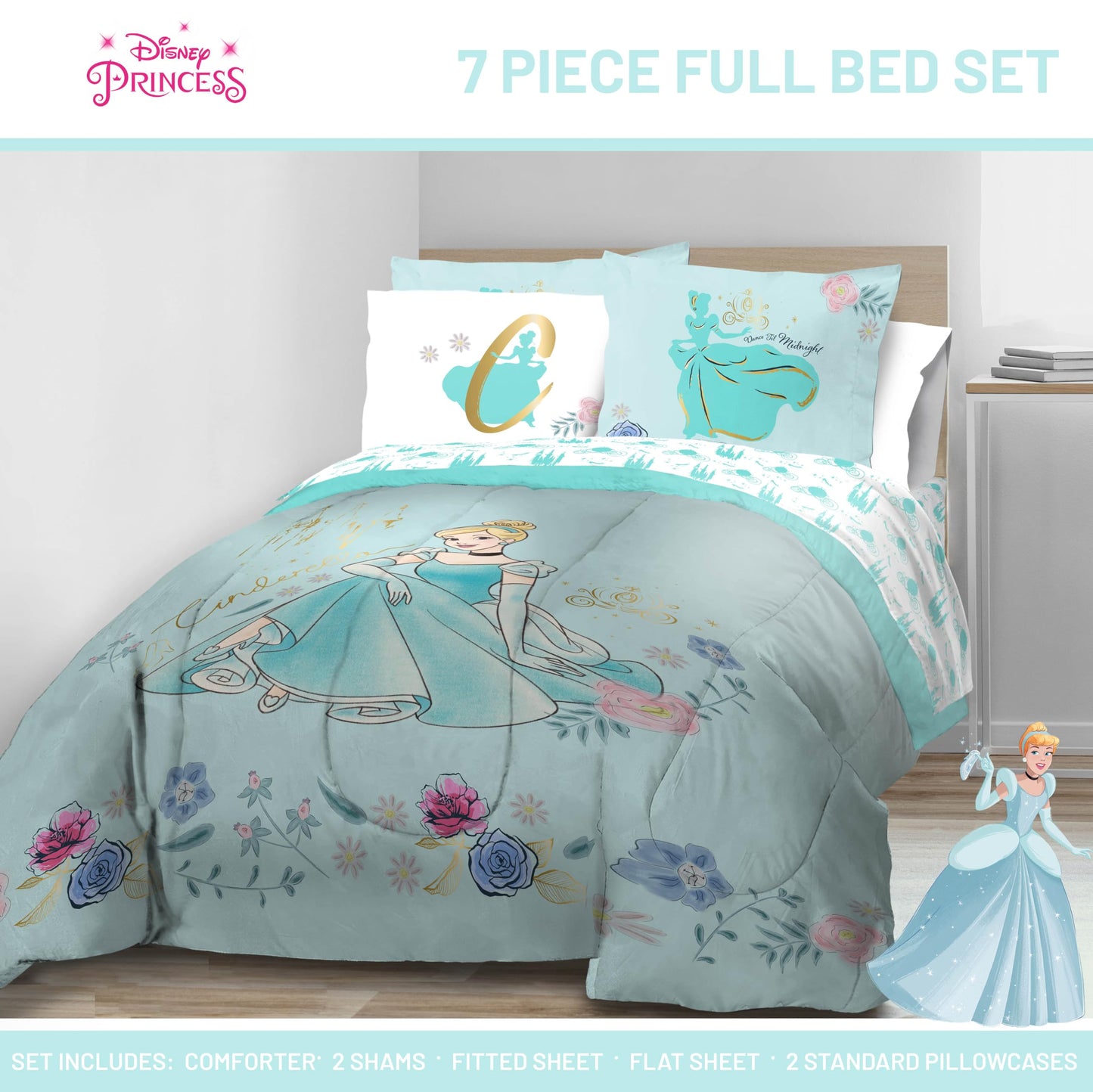Jay Franco Kids Comforter Set Includes Sheets and Pillow Covers - Soft and Cozy Bed Set for Stylish Room Decor, Official Licensed Bedding, Blue - Princess Cinderella, 7 Piece Full