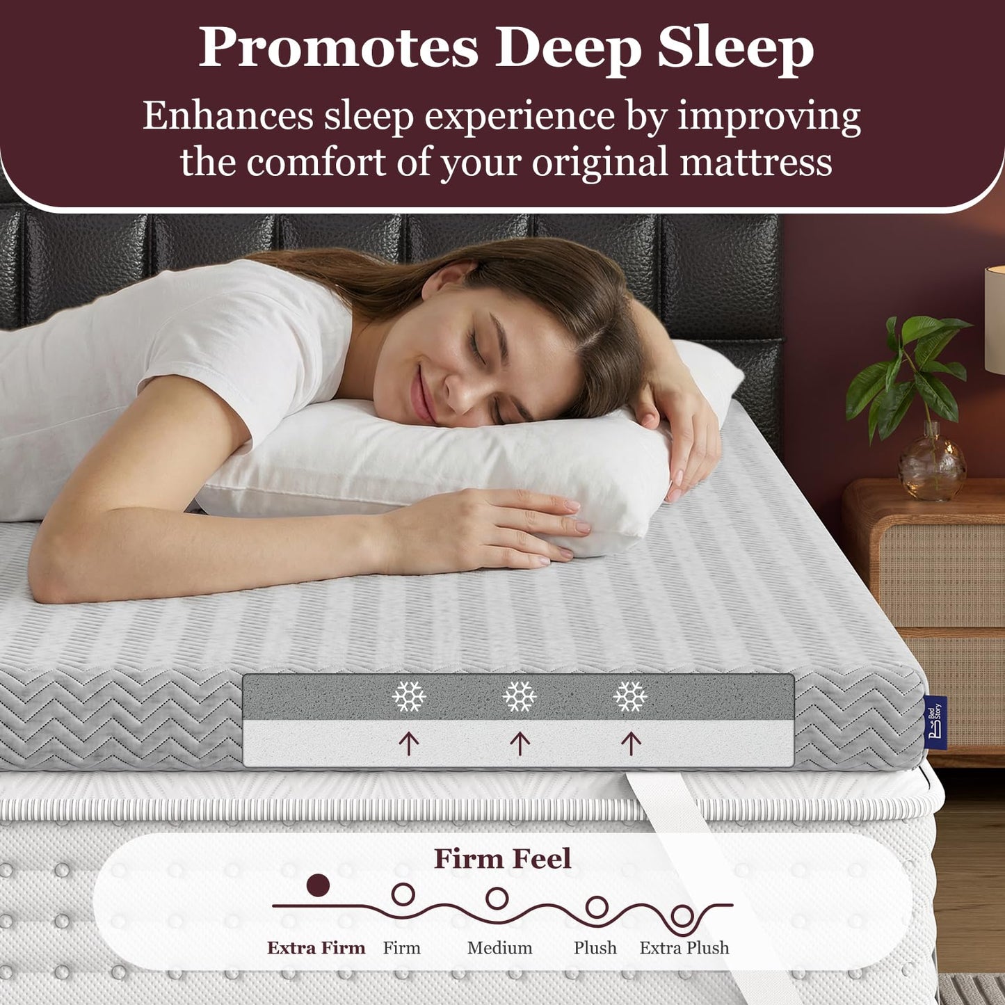 BedStory 3 Inch Queen Size Extra Firm Mattress Topper, Quiet Luxury Memory Foam Pad for Pain Relief, Bamboo Charcoal & Green Tea Infusion, Skin-Friendly, CertiPUR-US Certified