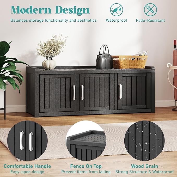 2-Tier Storage Bench, Waterproof UV-Resistant Outdoor Shoe Storage Cabinet with 3 Doors & Adjustable Shelves for Indoor Outdoor Entryway, Hallway, Living Room (Black)