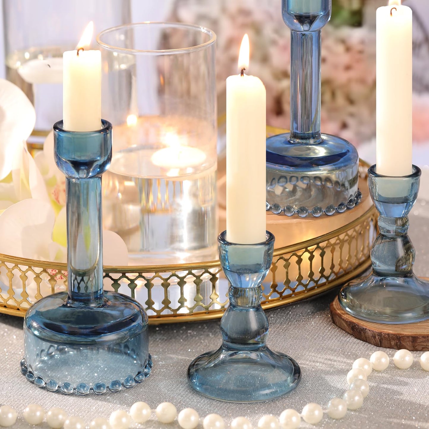 Lanttu Glass Candlestick Holders Set of 6 Blue Taper Candle Holder Bulk Crystal Candle Holders for Wedding, Table Centerpiece, Home Decoration