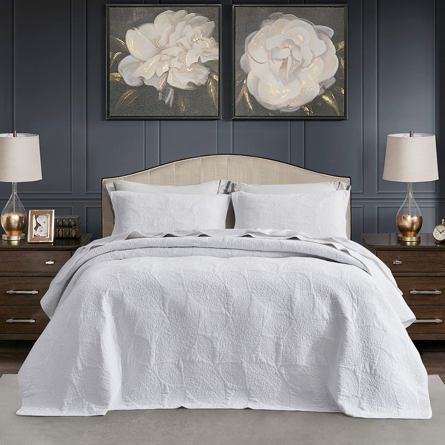 CHIXIN Botanical Cotton Quilt King Size - Real Stitching Leaf Pattern - Quilted Bedspread Coverlet Set, Ultra Soft, Lightweight, Reversible, 3 Piece, Pure White