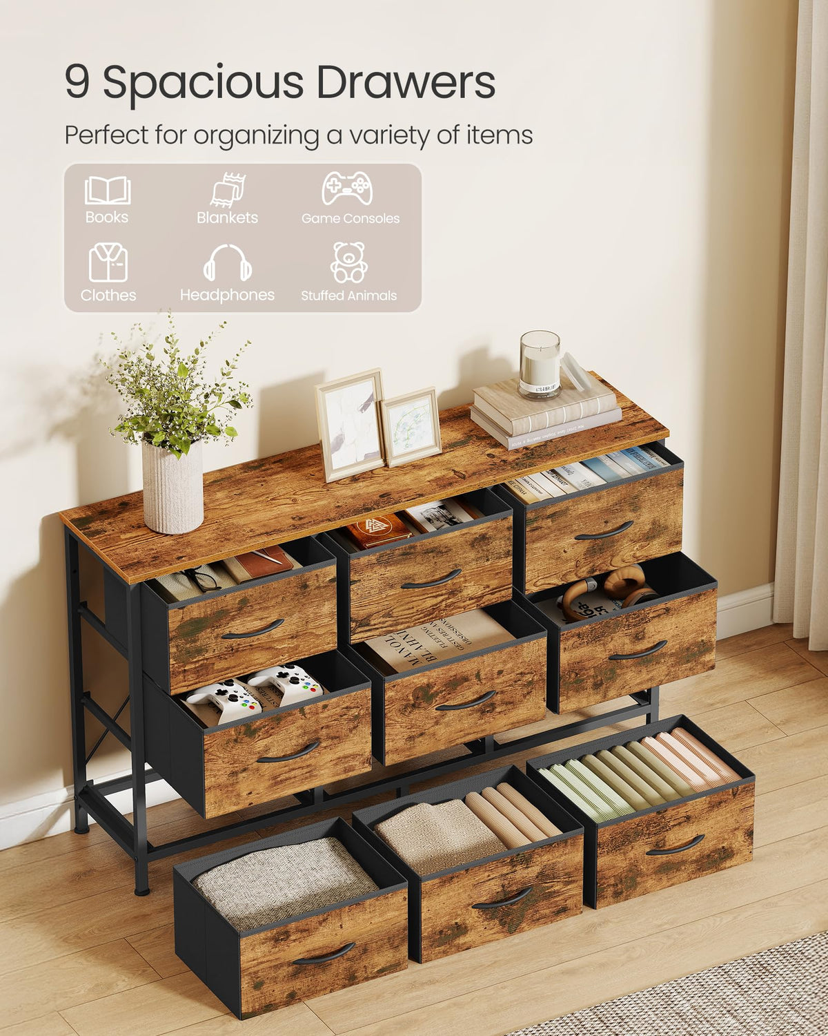 SONGMICS BELLAH Collection - Dresser for Bedroom, TV Stand for TVs Up to 55 Inches, Chest of Drawers for Living Room, Closet, Steel, 9 Drawers, Industrial, Rustic Brown and Ink Black ULGS033KD02S