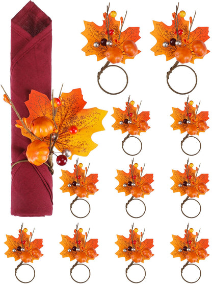 Patelai 12 Set Fall Thanksgiving Napkin Rings Pumpkin Maple Leaves Red Berry Napkin Holder for Table Decor, Wedding, Fall Banquet, Holiday, Dinner Party(Fresh Style,Orange)
