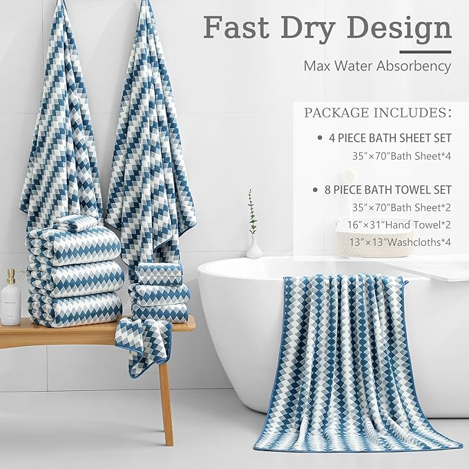8 Piece Bathroom Towel Set |2 Oversized Bath Towels, 2 Hand Towels, 4
