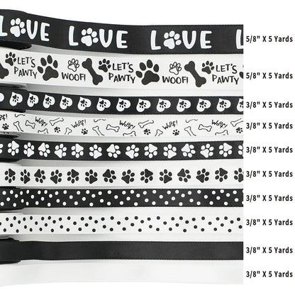 HUIHUANG Paw Print Bone Satin Ribbon Assortment - Black and White, 3/8" & " 5/8" Inch, 10 Rolls 50 Yards - Assorted Ribbon for Crafts, Dog Party Supplies, Gift Wrapping & Decoration