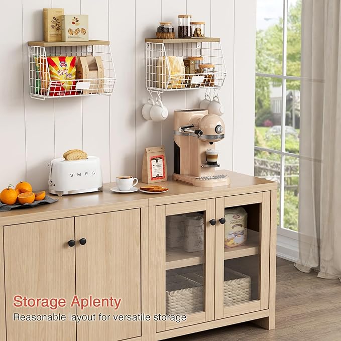White Fruit Storage Basket for Kitchen Counter Set of 2, Wall Mount Wire Fruit