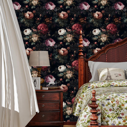 XRUIBZI Dark Floral Peel and Stick Wallpaper Vintage Gothic Contact Paper Pink Goth Flower Wall Mural Home Vinyl Waterproof Self Adhesive Removable Renter Friendly Wall Paper 17.5" x 118"