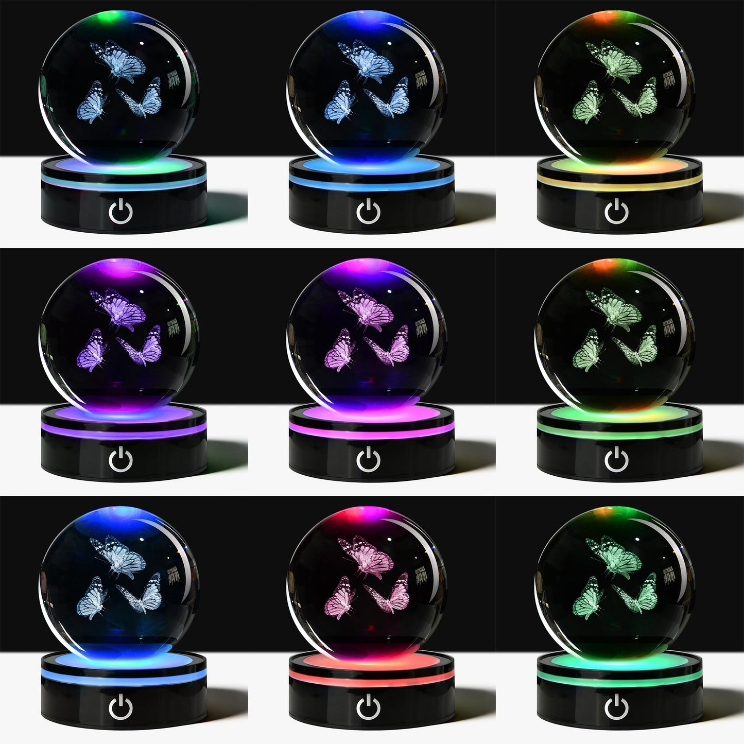 QIANCHANG 3D Butterfly Crystal Ball with LED Stand, 80mm K9 Crystal Glass Sphere Night Light Lamp, Butterfly Figurines Collectibles Gifts for Women Girls Mom Kids
