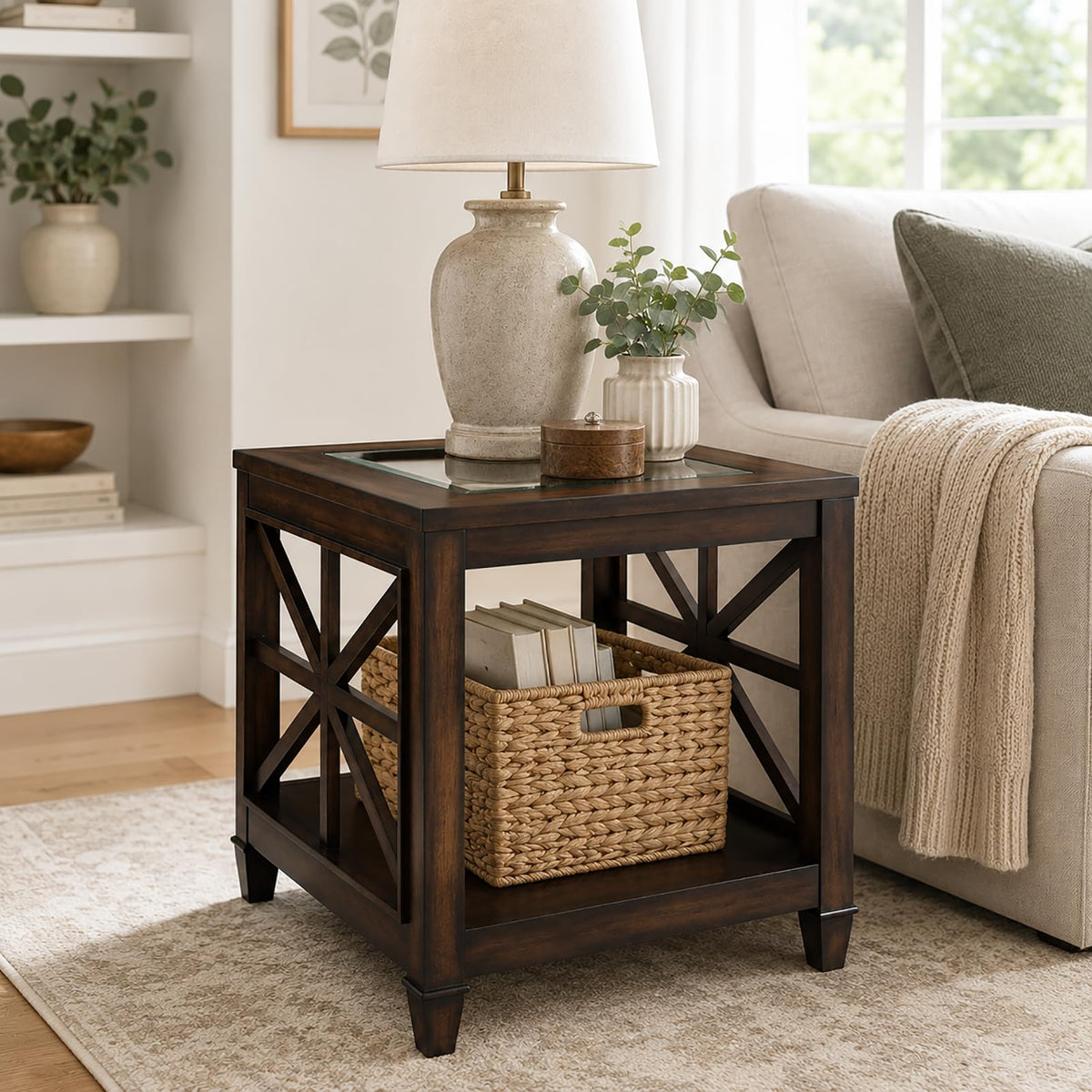 BAXMUY Solid Wood End Table with Tempered Glass Top, 28" x 24" Large Farmhouse Side Table for Living Room, Bedroom & Office, Vintage Walnut