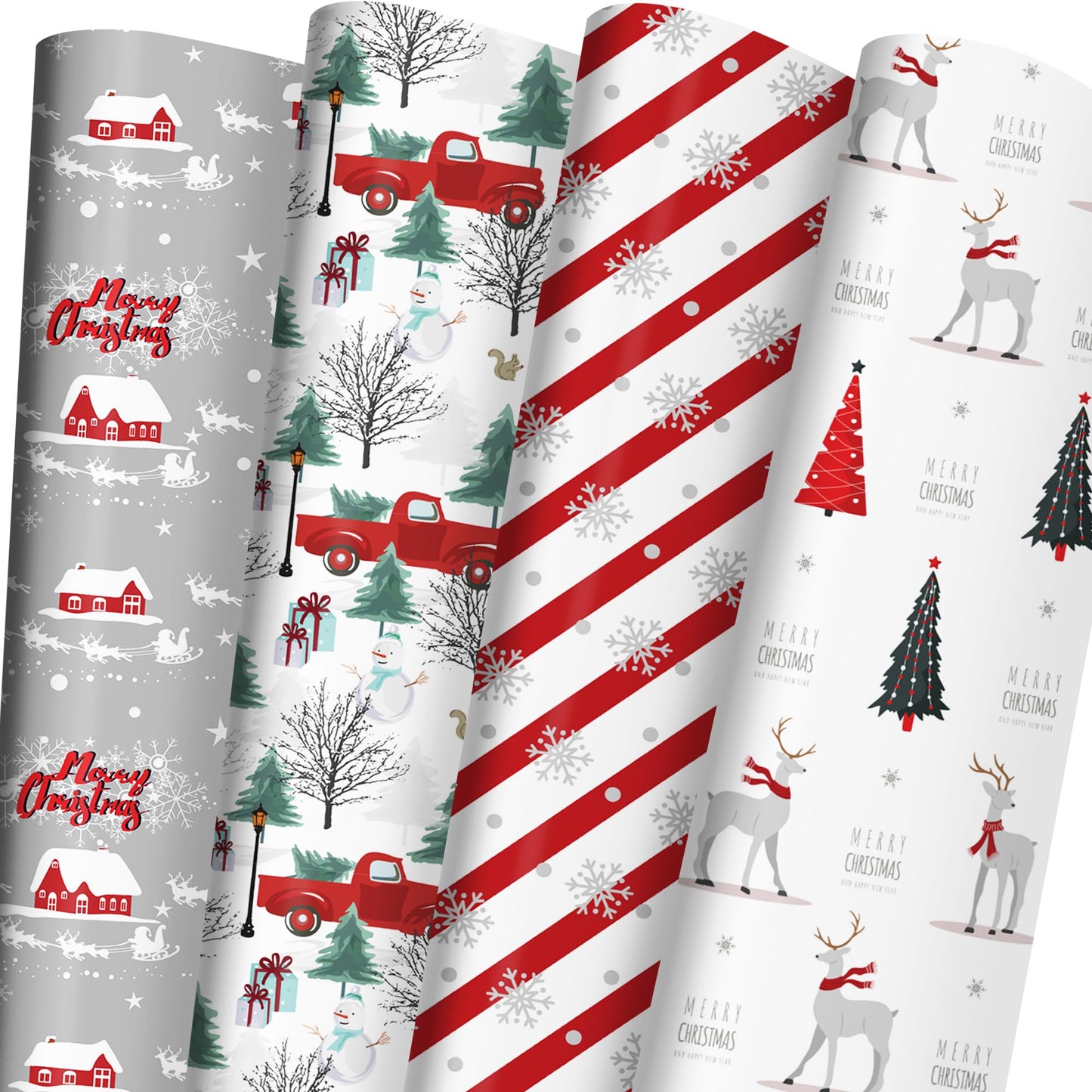 Cuitpan White Christmas Wrapping Paper Bundle for Kids Adults - Reindeer, Stripes, Woodlands, Snowflake, Red Truck Winter Scene Designs - 28 x 40 Inches, 6 Jumbo Sheets