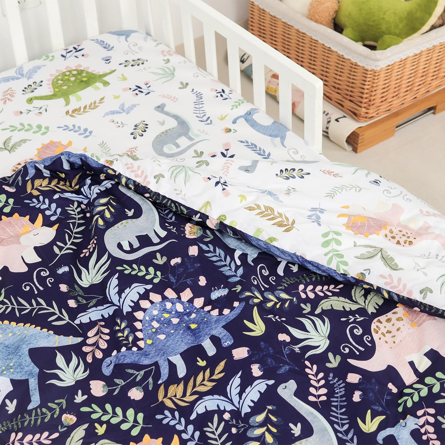 Pea Pod 4 Piece Dinosaur Toddler Bedding Set for Boys, Premium Blue Toddler Comforter Set Crib Sheets Set Includes Flat Top Sheet, Fitted Sheet, Comforter, Envelope Pillowcase,Ultra Soft