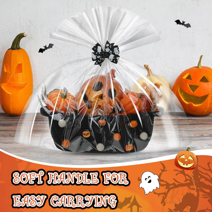Teenyyou Halloween Gifts Basket Empty, 12" x 8" x 5" Woven Rope Basket with Gift Wrap Bag and Bow Clip for Halloween Party Gift Wrapping Decorations(Black)