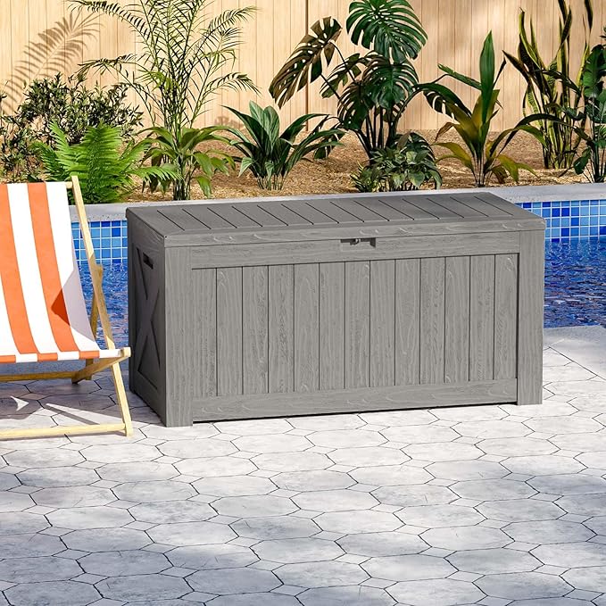 Patiowell 120 Gallon Large Deck Box, Outdoor Lockable Storage Box for Gardening Tools, Waterproof Deck Box for Patio Furniture, Light Brown
