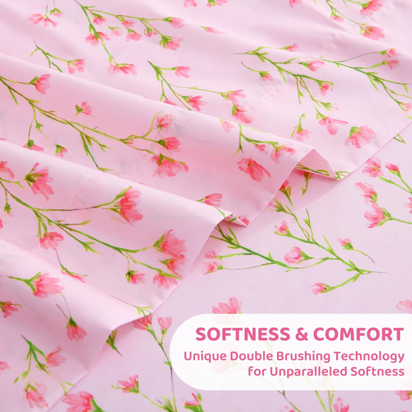 Mooreeke Cozy Floral Microfiber Printed Queen Sheet Set - Soft & Breathable Pink Flowers Bed Sheets with Deep Pocket - Non-Slip Fitted Design - Pink Flowers with Green Branches Pattern - Queen