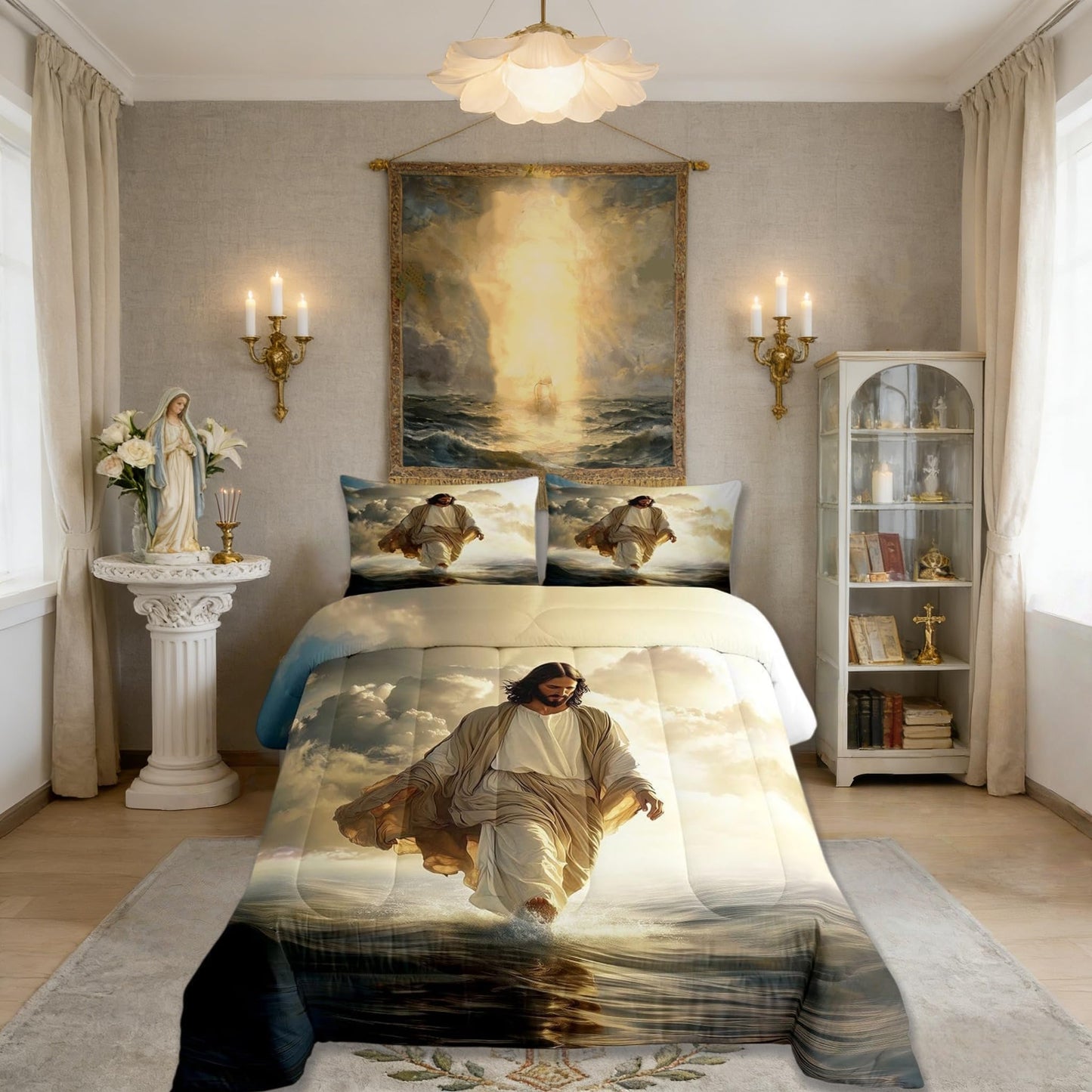 God Walking on Water Kids Comforter Set Twin Size,Western Faith Bible Verse Bedding Set Boys Girls Room Decor,Spiritual Artwork Quilt Comforter,Yellow Gray Duvet Set Bedroom Quilt Set,1 Pillowcase