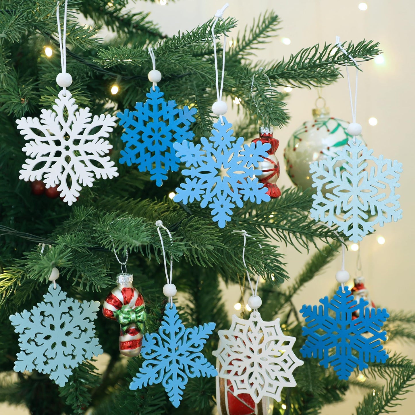 16Pieces Blue Snowflakes Ornaments 3inch Wooden Snowflake Christmas Tree Ornament for Winter Wonderland Christmas Decoration DIY Crafts 8 Styles
