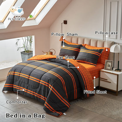 Flysheep Boho Striped Halloween Bed in a Bag 7 Pieces King Size, Ombre Bright Orange Stripes on Black Comforter Sheet Set (1 Comforter, 1 Flat Sheet, 1 Fitted Sheet, 2 Pillow Shams, 2 Pillowcases)