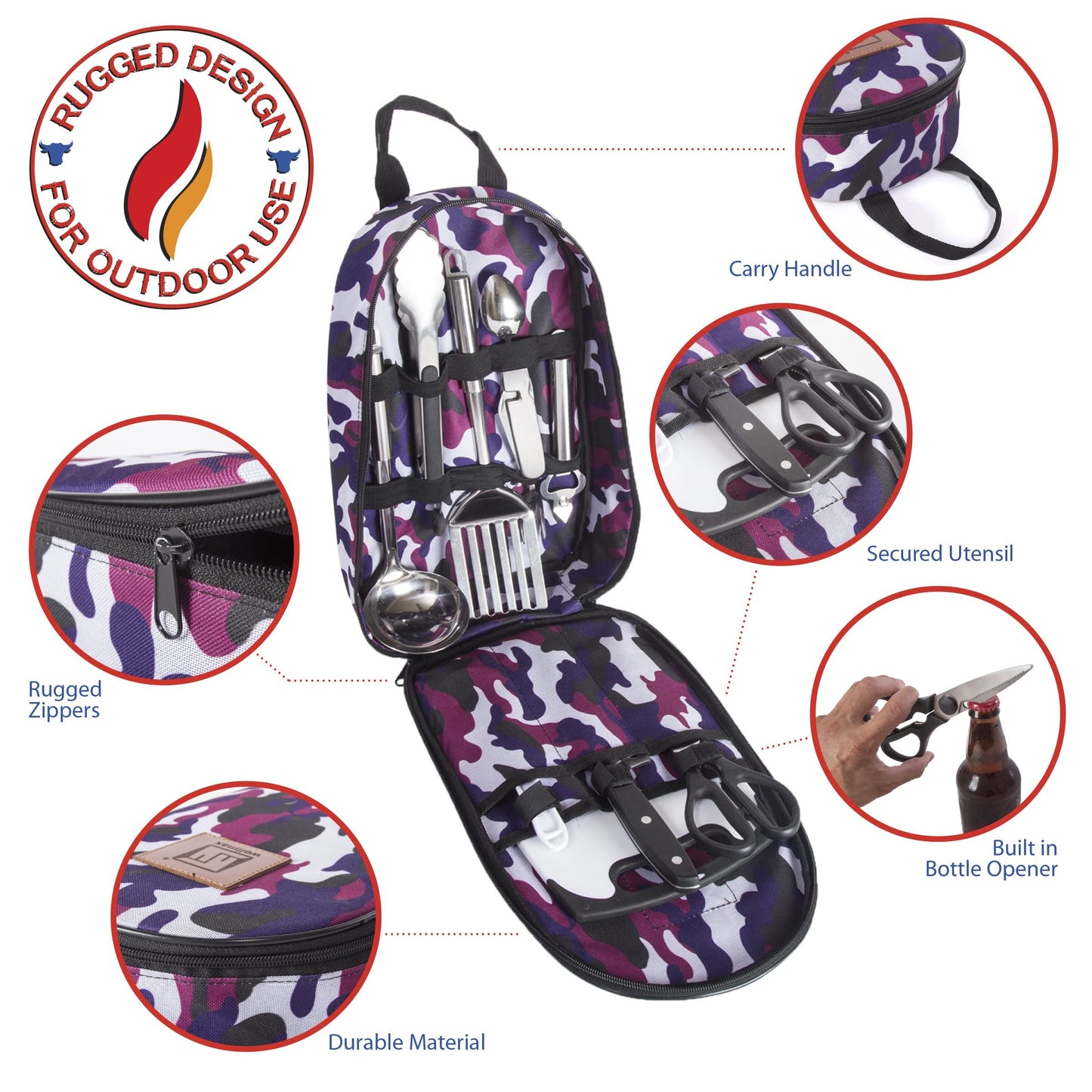 Wellmax 10-Piece Stainless Steel Camping Cooking Set – Compact All-in-One Cookware Kit with Utensils & Travel Bag for Campers, Hikers, Outdoor Adventures, Purple Camo Color