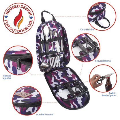 Wellmax 10-Piece Stainless Steel Camping Cooking Set – Compact All-in-One Cookware Kit with Utensils & Travel Bag for Campers, Hikers, Outdoor Adventures, Purple Camo Color