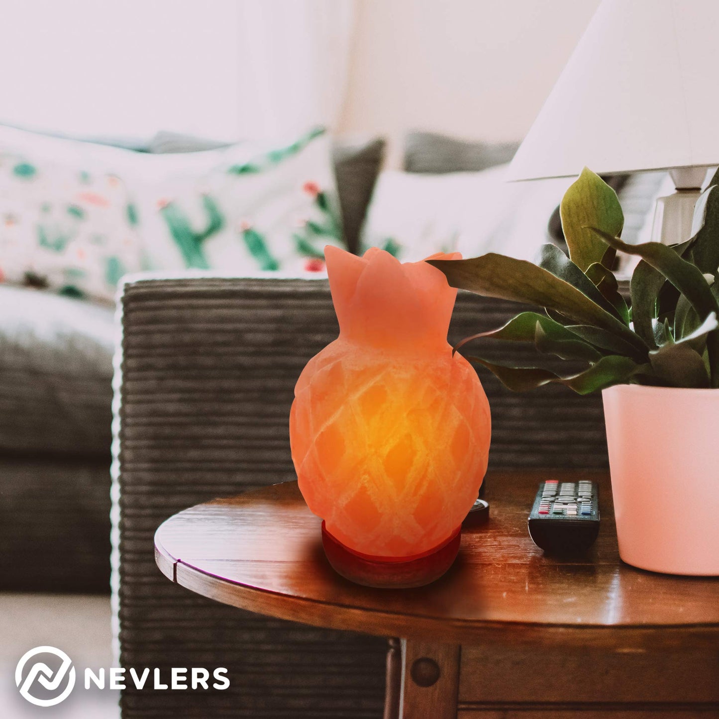 Nevlers Pineapple Shape Pink Himalayan Salt Lamp w/Wood Base| 7-8 lbs & 7"- 8" Tall Himalayan Pink Salt Lamp w/Dimmer Cord & Light Bulb| 100% Salt Rock Lamp | Ambient Salt Crystal Lamp for Home Decor