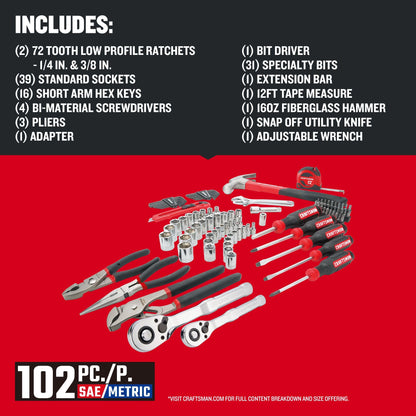 CRAFTSMAN 102-Piece Tool Kit for Home and Car, Durable Hand Tools Set with SAE and Metric Socket Set, Screwdrivers, Wrench, Hammer, Pliers, Knife, Hex Keys, Specialty Bits, Tape Measure (CMMT99449)