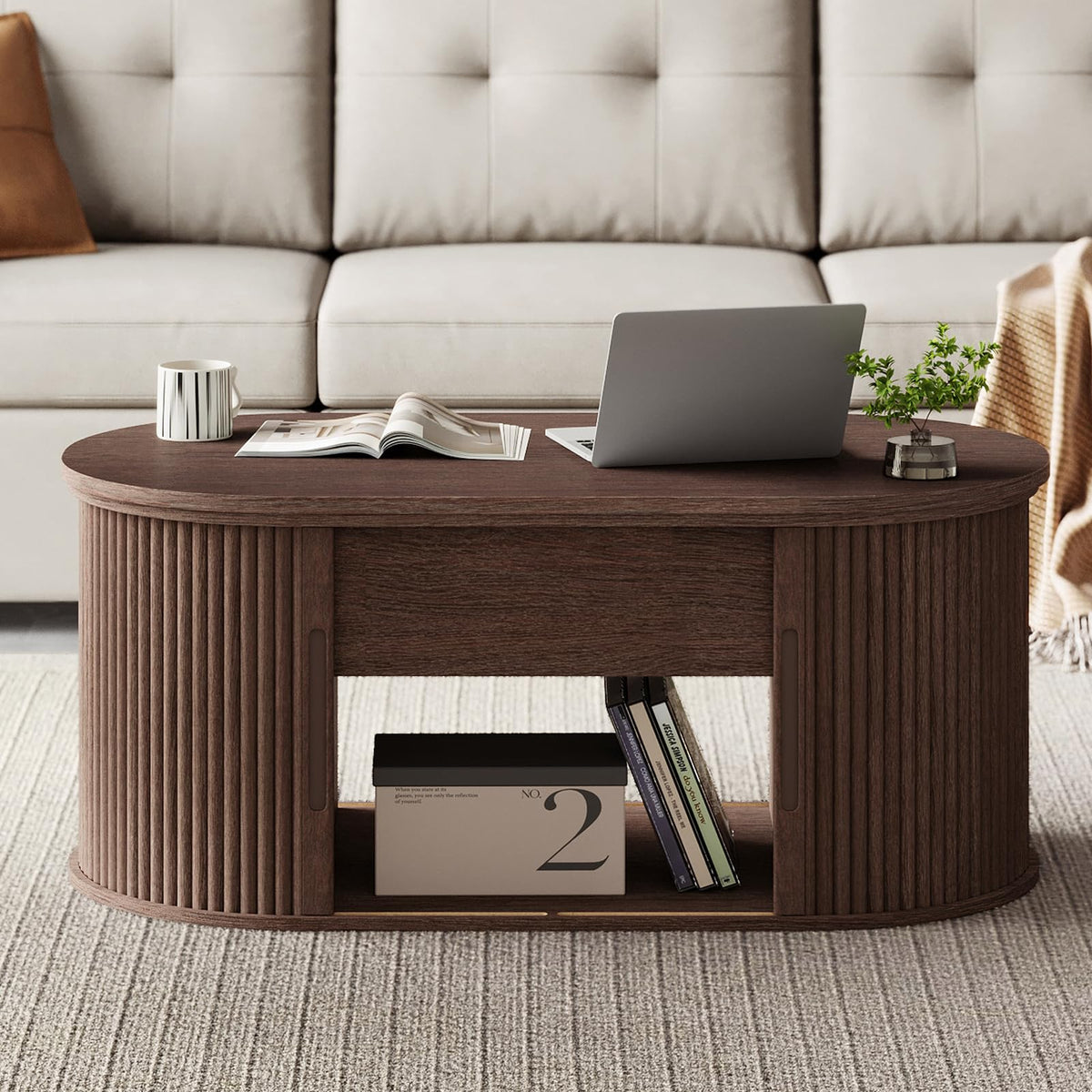 LINSY Lift Top Coffee Table, Oval Fluted Coffee Table with Storage, Mid Century Modern Wooden Coffee Tables with Sliding Tambour Door, 39" Center Table for Living Room, Office, Small Space, Walnut
