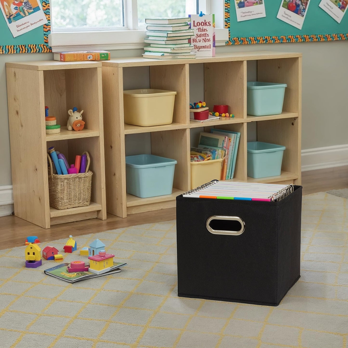 Household Essentials Foldable Fabric Storage Bins 6 Piece Set, Strong Poly-Woven Fabric, Sturdy Chipboard Sides, Grommet Front Handle, Stackable, Classic Design, Black