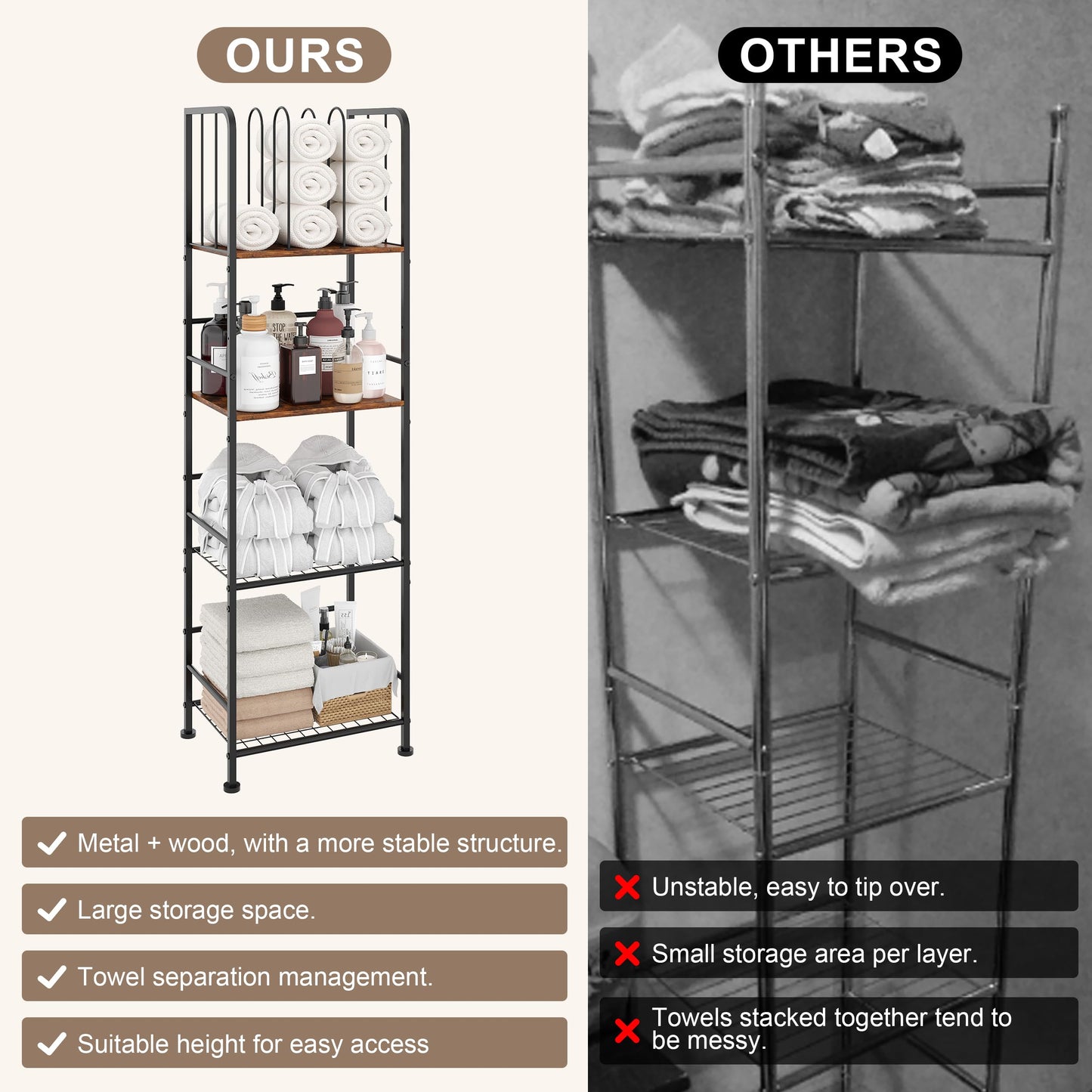 Towel Rack Free Standing 4-Tier M-Shaped Detachable Dividers, Durable Metal Towel Holder, Pool Items Holder, Space-Saving Storage Organizer, Modern Bath Towel Shelf for Bathroom Patent Pending
