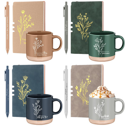 Didaey 4 Sets Employee Appreciation Gifts Set 13oz Boho Floral Ceramics Coffee Mugs with A6 Leather Notebooks Ballpoint Pens Bulk Christmas Thank You Gift for Coworkers Staff Team Nurse