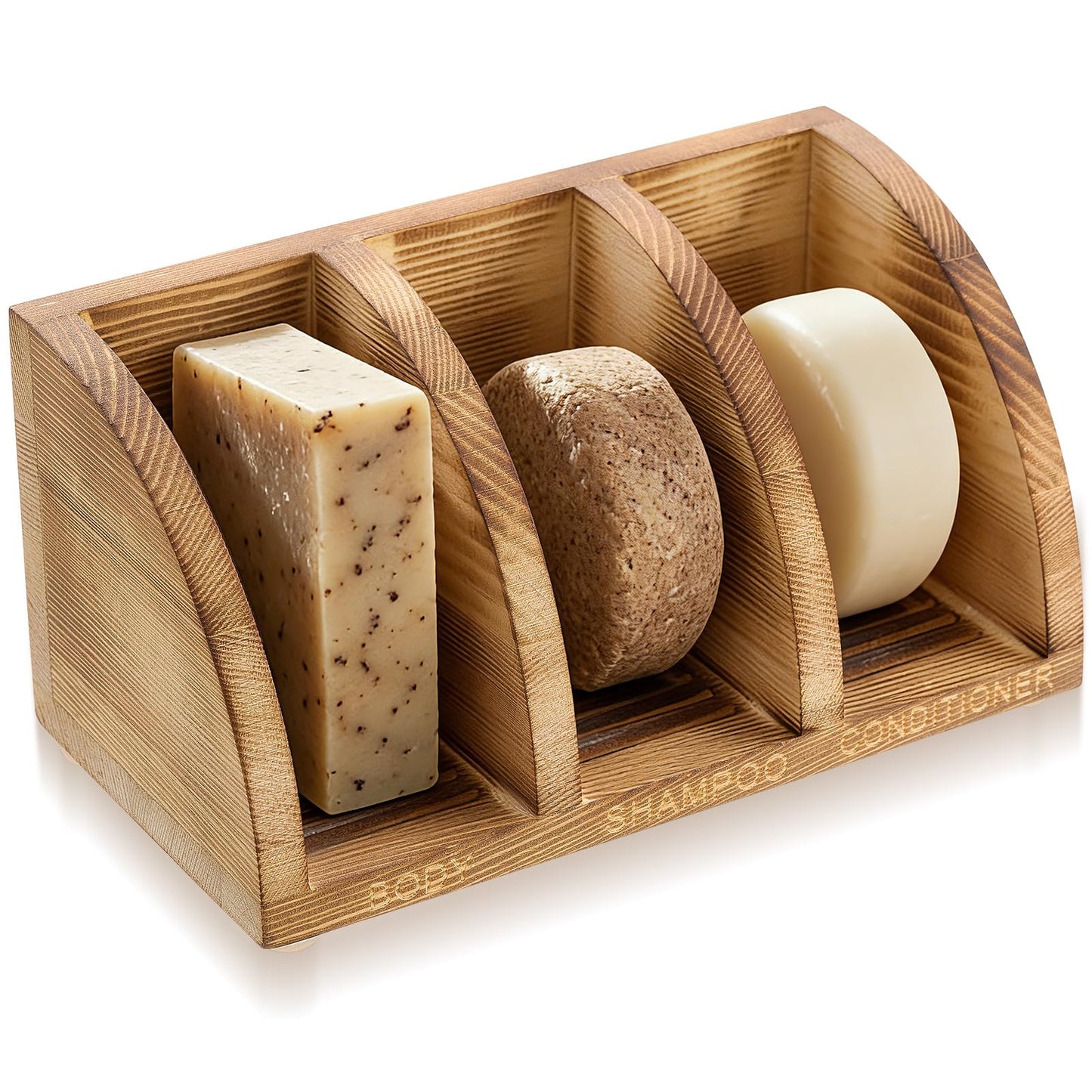 Ferrochef Wooden Shampoo Bar Holder Multi Bar Soap Dish with Self Draining, 3 Slot, Natural Wood Soap Holder for Shower Conditioner Bathroom Organizer, Extend Shampoo Life, Keep Dry Neat