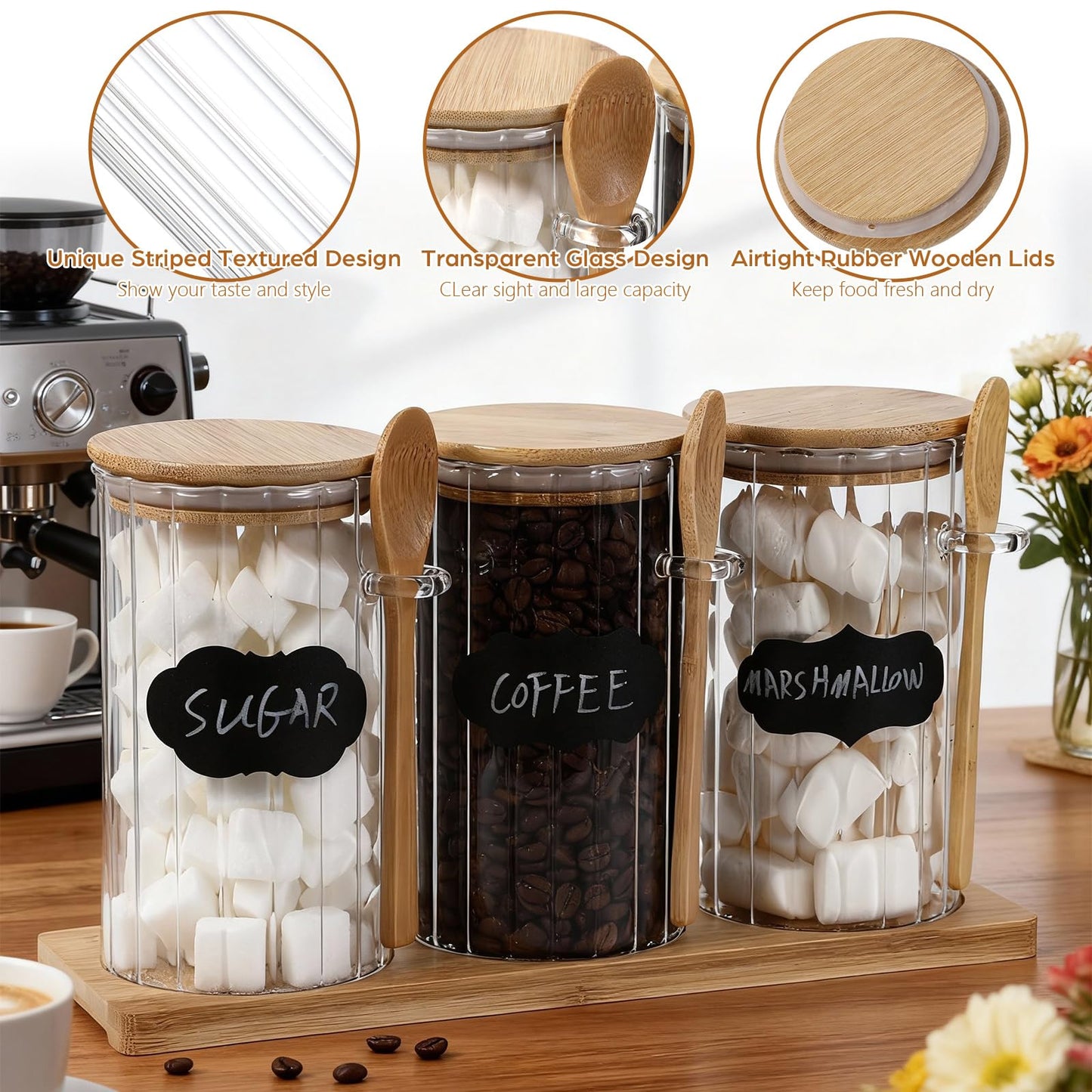 Yiyiring Set of 3 Glass Coffee Container with Bamboo Lids Spoons Labels 25 oz Clear Airtight Jar Food Storage Canister Set for Coffee Tea Sugar Decorative Countertop Organization Jars(Light Wood)