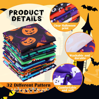 Tudomro 32 Pcs 10 x 10 Inches Halloween Fabric Holiday Quilting Cloth Fat Quarters Printed Sewing Craft Bat Pumpkin Ghost Skull Fabric for DIY Halloween Decor Patchwork Supplies
