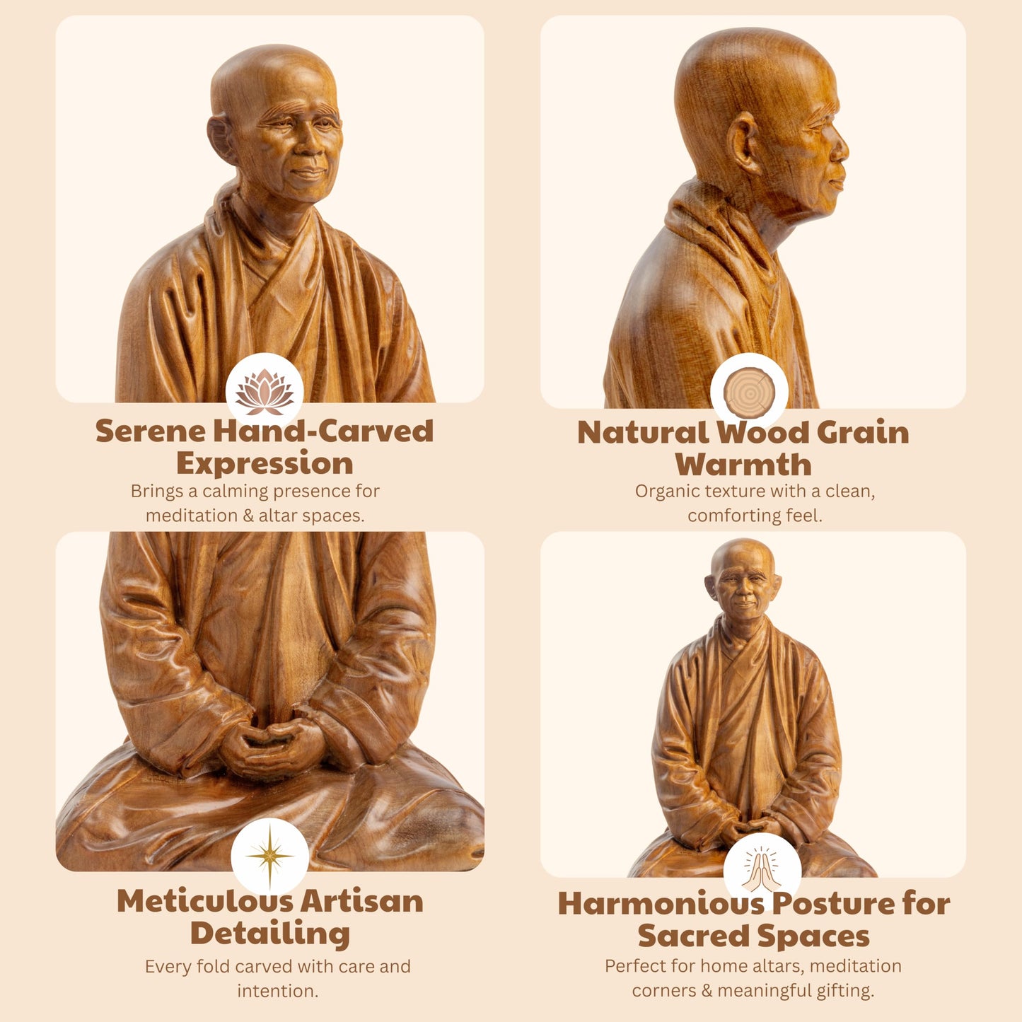 DAISYCRAFTVN Zen Master Thich Nhat Hanh Buddha Statue, Wooden Meditation Accessories, Feng Shui Decor, Zen Spiritual Gifts, Home and Altar Decoration, Buddha Room and Indoor Decor
