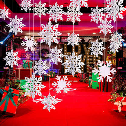 12PCS Winter Christmas Hanging Decorations - 3D White Paper Snowflake Garland with Snowflake Banner for Christmas Holiday Winter Wonderland Frozen Party Decorations