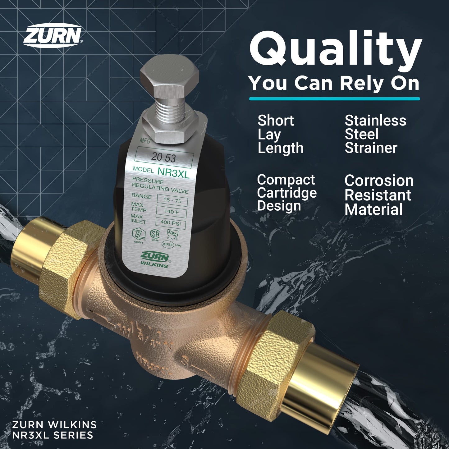 Zurn Wilkins 114-NR3XLDULU 1-1/4" NR3XL Pressure Reducing Valve with Union Capable Female x Female NPT Connection